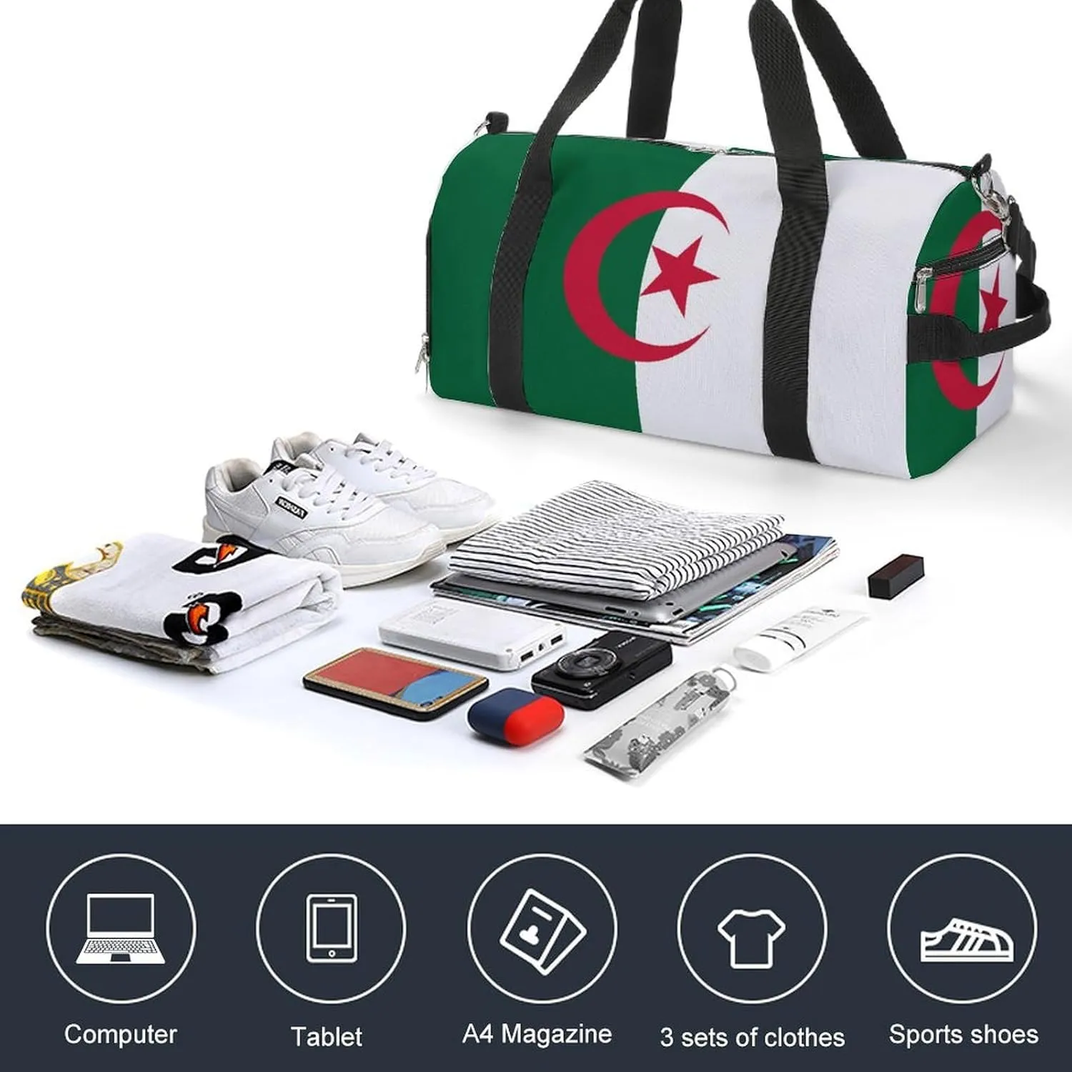 Algeria Flag Duffel Bag for Men Women with Shoe Compartment Carry On Tote