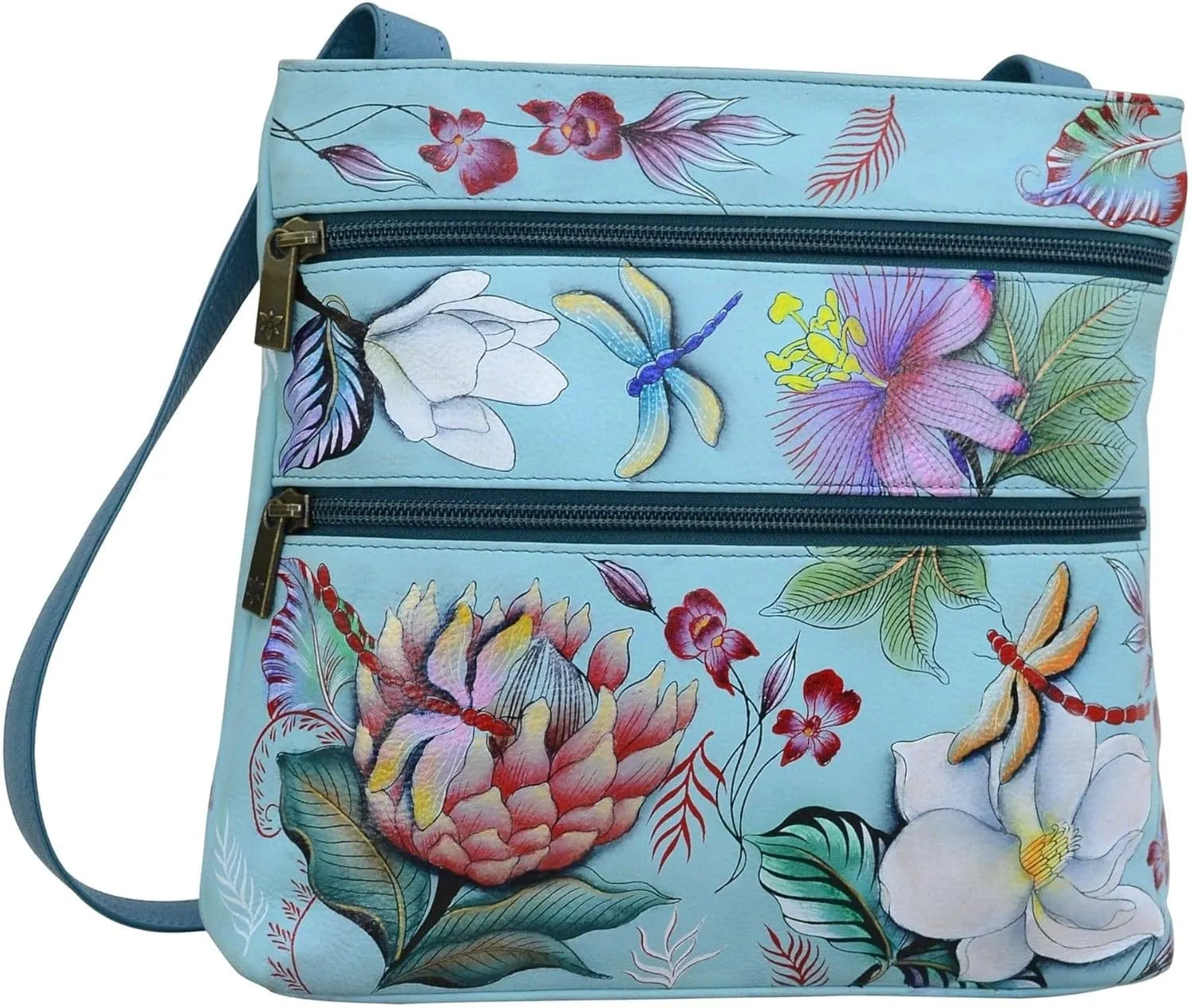Anuschka Women’s Hand-Painted Genuine Leather Medium Crossbody With Double Zip Pockets