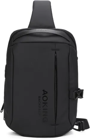 AOKING Lightweight Sling Bag for Men,Waterproof Crossbody Shoulder Backpack with USB Charging Port,Casual Cross Body Bag (Black 1)