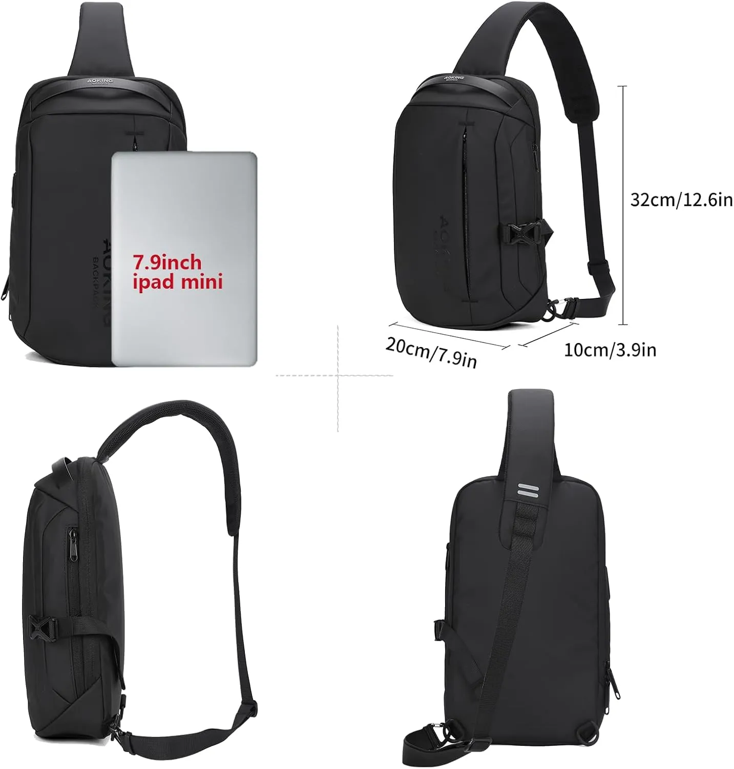AOKING Lightweight Sling Bag for Men,Waterproof Crossbody Shoulder Backpack with USB Charging Port,Casual Cross Body Bag (Black 1)