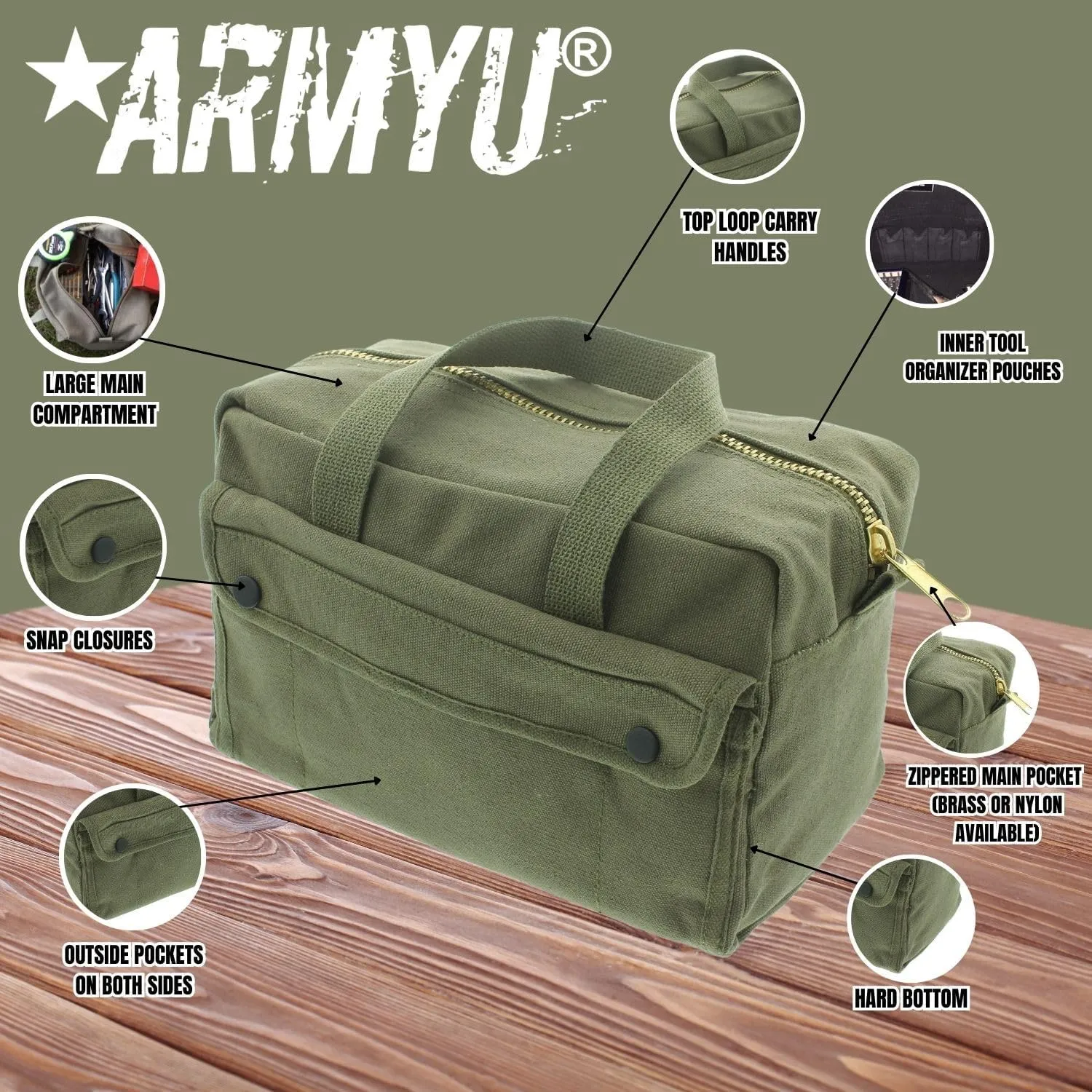 ARMYU Heavy Duty Small Tool Bag Tactical Cotton Canvas Mechanics Bag, 11" x 7" x 6", Olive