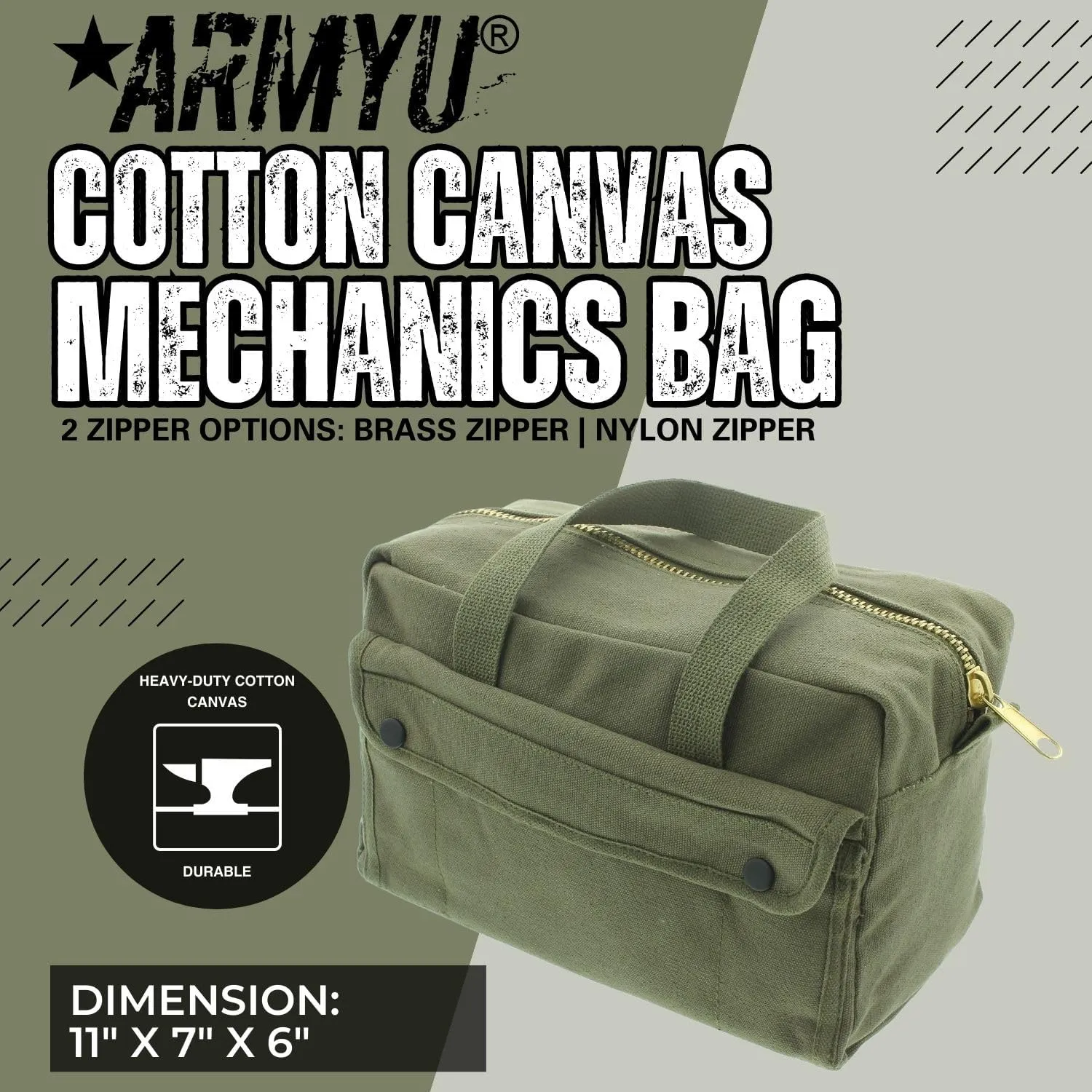 ARMYU Heavy Duty Small Tool Bag Tactical Cotton Canvas Mechanics Bag, 11" x 7" x 6", Olive