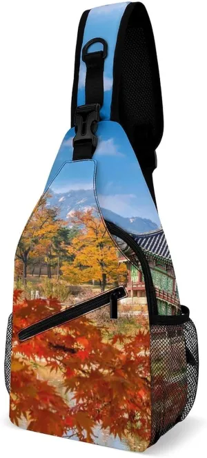 Autumn Palace Landscape Sling Bag for Women Men Maple Tree Crossbody Sling Backpack with Anti Theft,Multipurpose Chest Bag for Travel,Hiking,Cycling,Camping