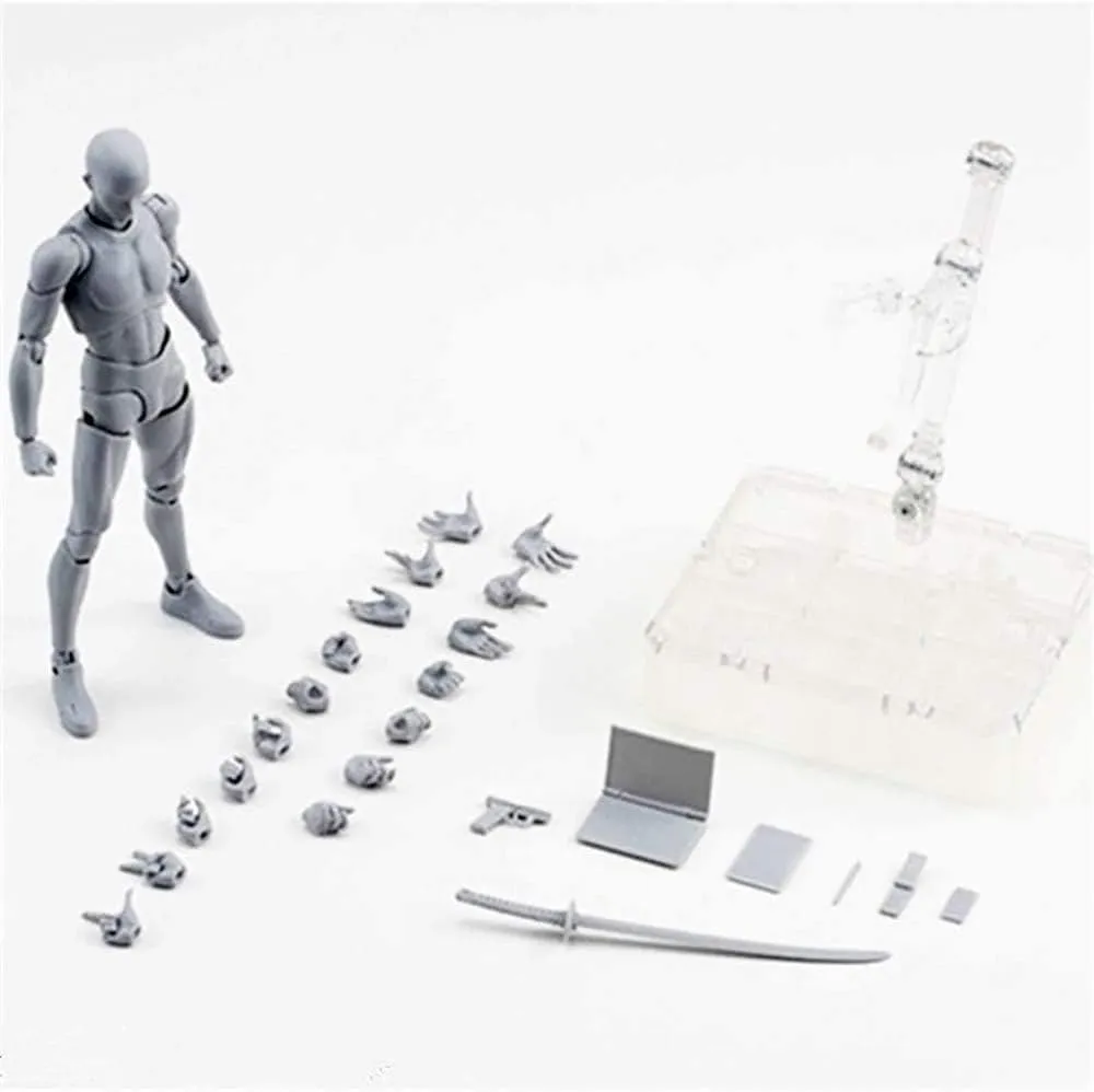 AXITWXIT Action Figures Body-Kun DX & Body-Chan DX PVC Figure Model Drawing for S H Figuarts with Box for Artists (Gray, Male)