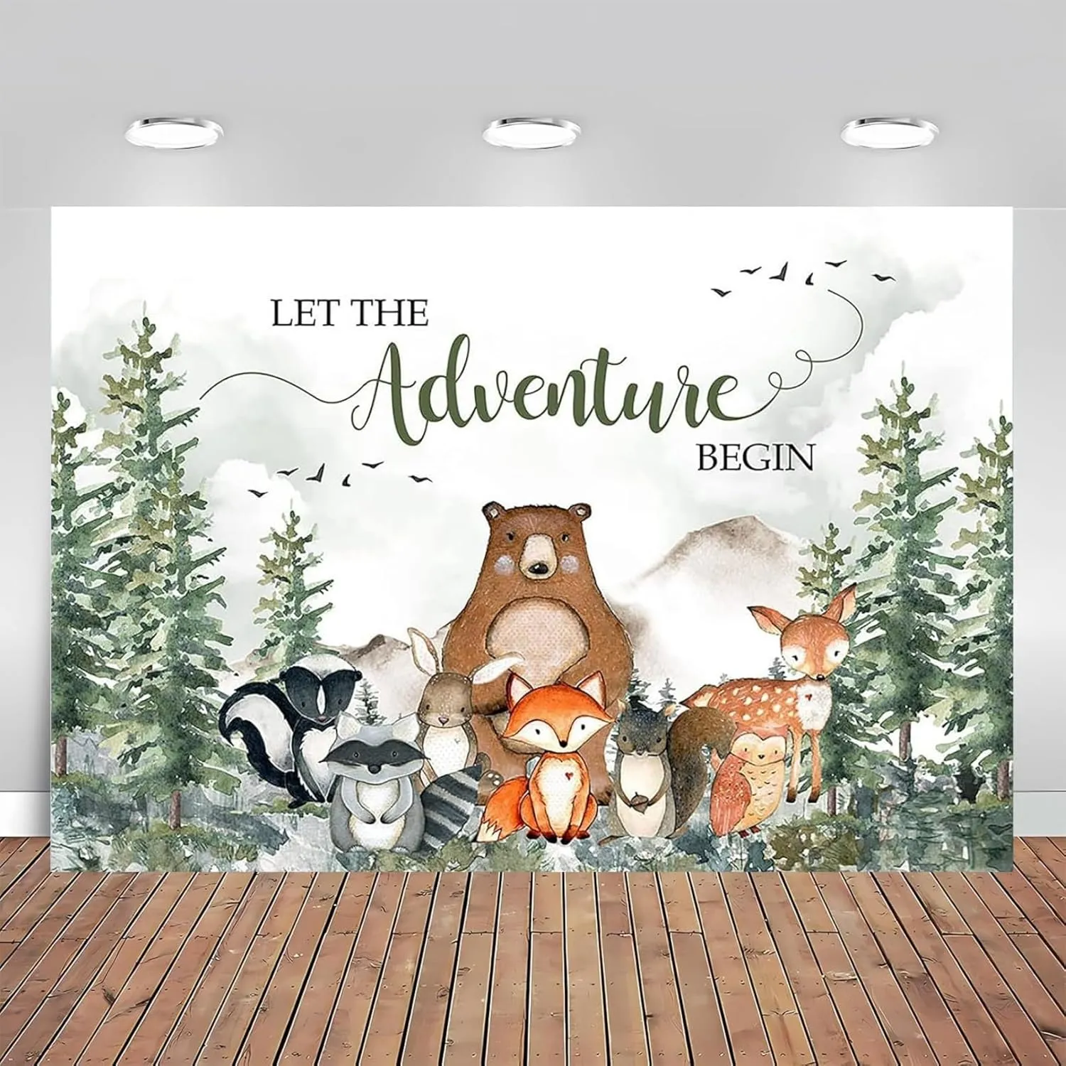 Baby Shower Backdrop Adventure Forest Mountain Wilderness Photography Background Gender Neutral Baby Shower Party Supplie Let The Adventure Begin Banner (7x5ft)