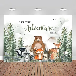 Baby Shower Backdrop Adventure Forest Mountain Wilderness Photography Background Gender Neutral Baby Shower Party Supplie Let The Adventure Begin Banner (7x5ft)