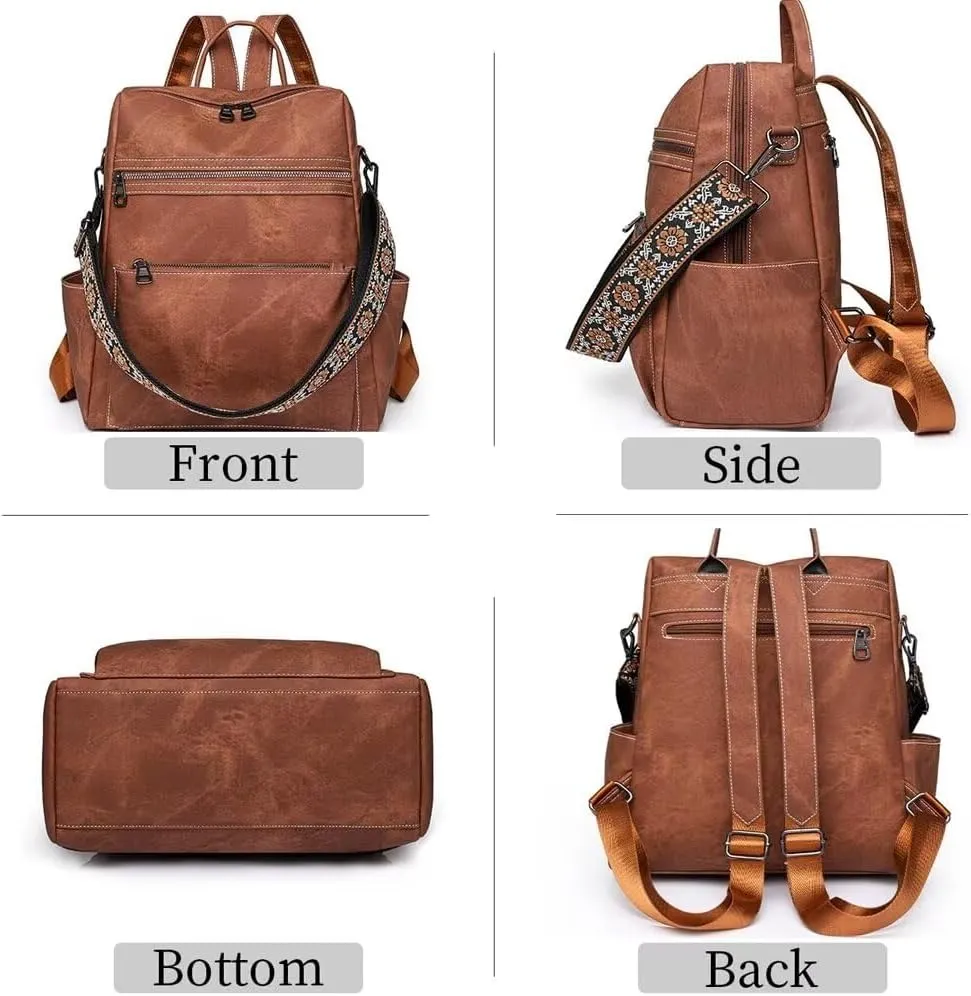 Backpack Purse for Women Large School Backpack Vegan PU Leather Backpack Ladies Anti-theft Rucksack Fashion Shoulder Bag Waterproof Handbags for Travel Hiking Working, Brown