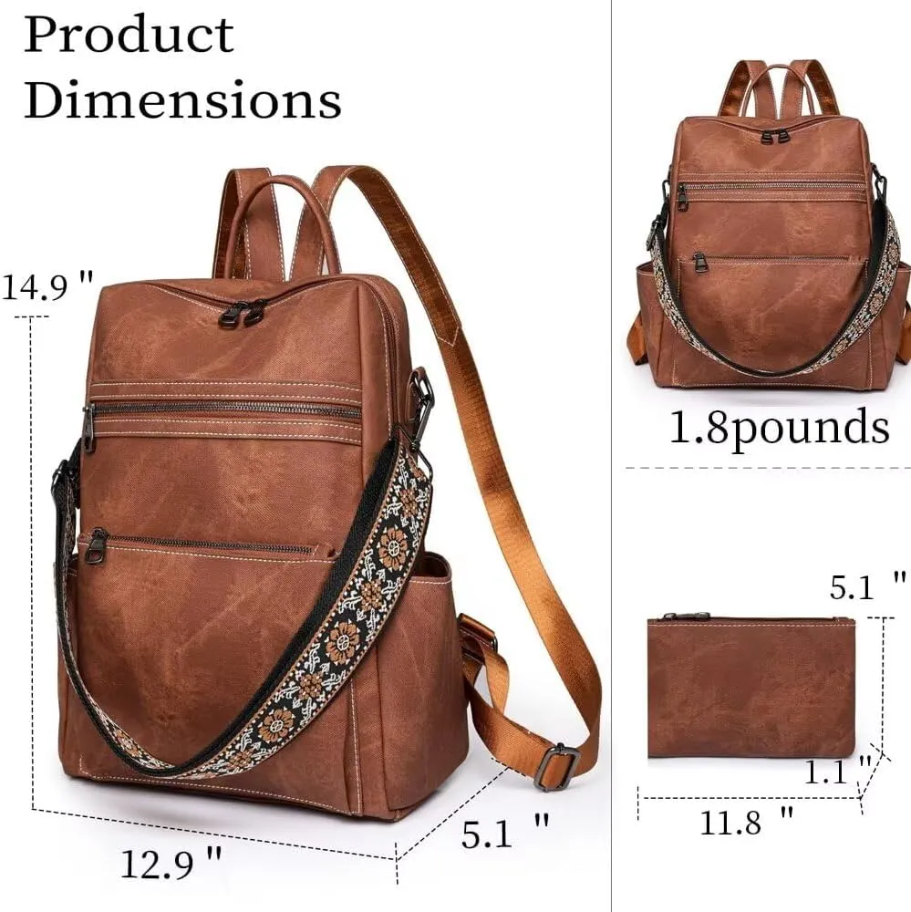 Backpack Purse for Women Large School Backpack Vegan PU Leather Backpack Ladies Anti-theft Rucksack Fashion Shoulder Bag Waterproof Handbags for Travel Hiking Working, Brown