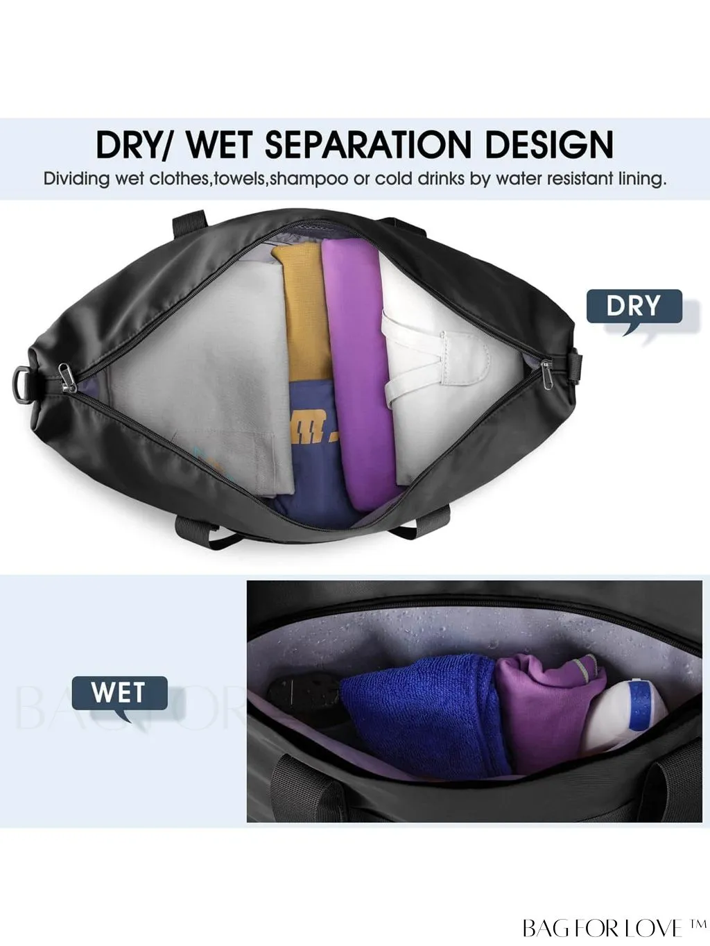 BagForLove - Waterproof Travel Duffel Bag with Wet Pocket and Toiletry Bag - 30L/40L