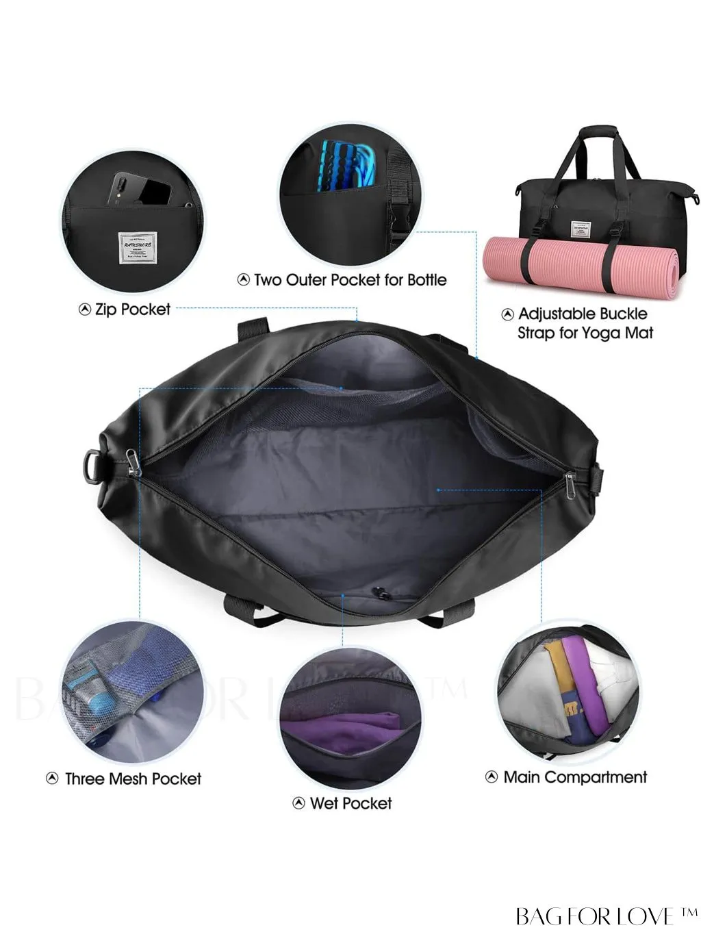 BagForLove - Waterproof Travel Duffel Bag with Wet Pocket and Toiletry Bag - 30L/40L