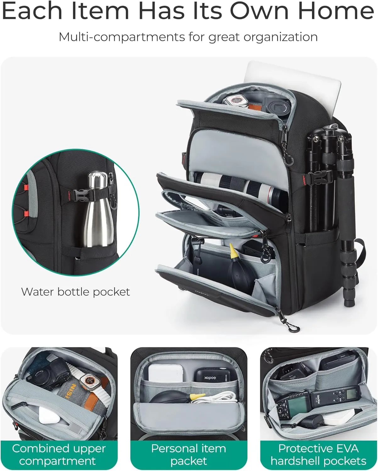 BAGSMART Camera Backpack for Photographers, Professional Camera Bag Backpack Fits up to 15.6" Laptop, DSLR/Drones/Tripod Backpack with Rain Cover, Grey