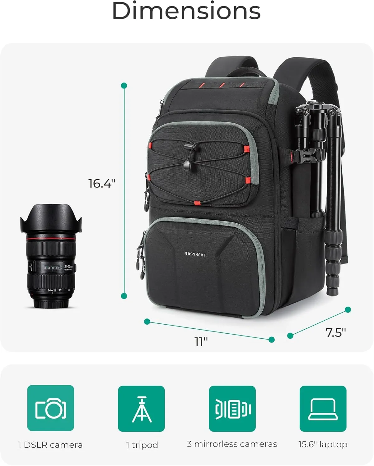 BAGSMART Camera Backpack for Photographers, Professional Camera Bag Backpack Fits up to 15.6" Laptop, DSLR/Drones/Tripod Backpack with Rain Cover, Grey