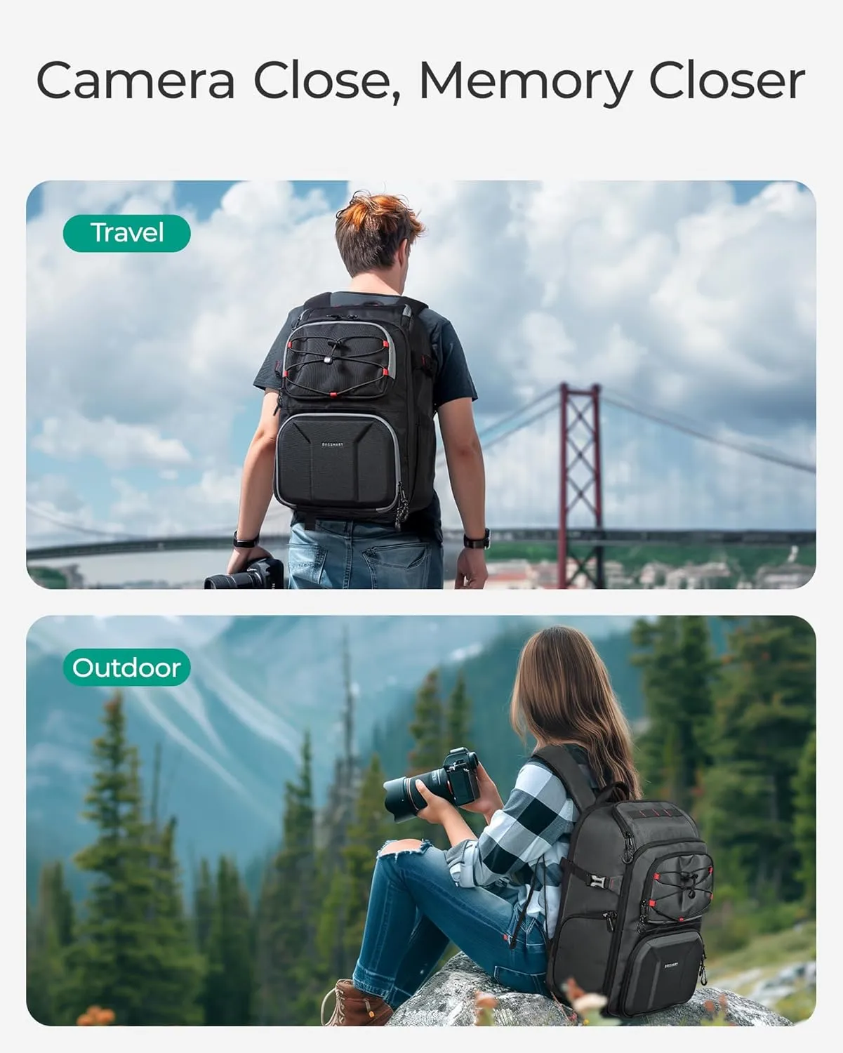 BAGSMART Camera Backpack for Photographers, Professional Camera Bag Backpack Fits up to 15.6" Laptop, DSLR/Drones/Tripod Backpack with Rain Cover, Grey