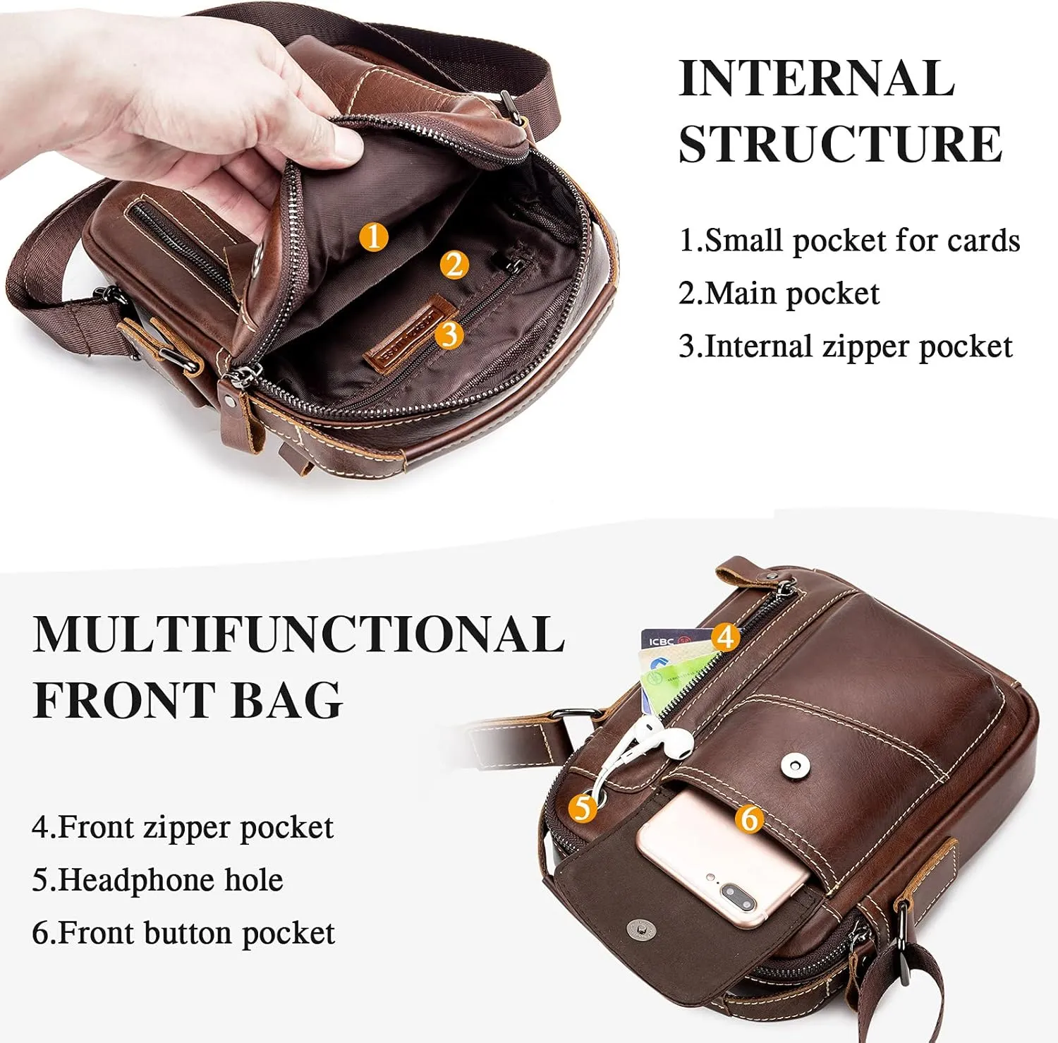BAIGIO Men's Small Leather Shoulder Bag Messenger Pack Handbag Bag Crossbody Bag Man Purse Sling for Travel Business Work