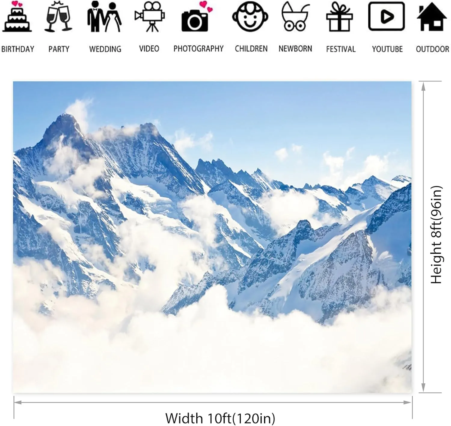 Baocicco 10x8ft Snowy Mountain Backdrop Winter Wonderland Cloud Misty Polar Glacier Photography Background Winter Mountain Adventure Themed Christmas Holiday Party Decor Banner Photo Props