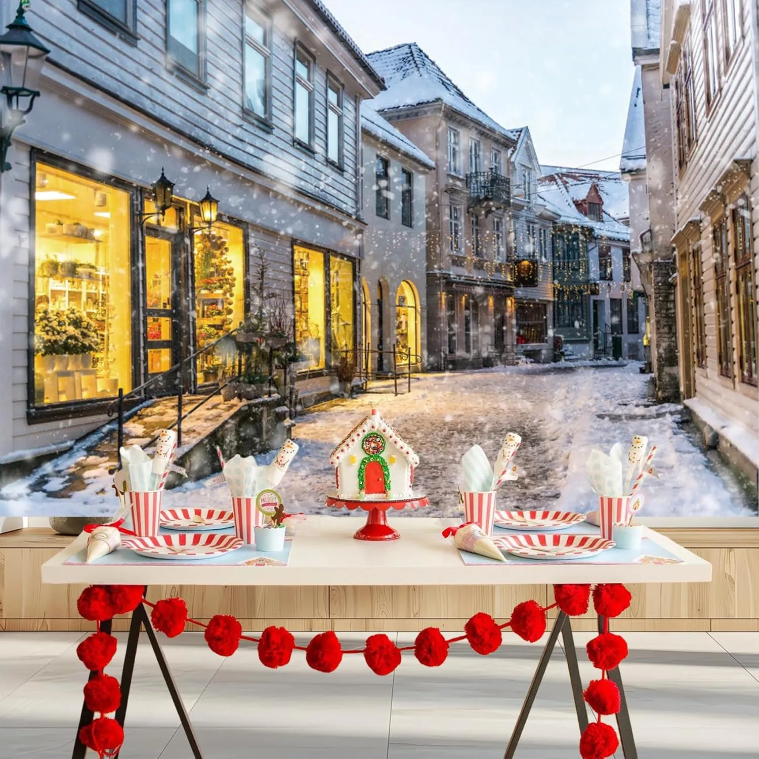 Baocicco 12x8ft Merry Christmas Backdrop Historical Town Illuminated Christmas Shop Snowing Scene European Small Town Winter Snow View Photography Background Travel Theme Christmas Party Photo Booth