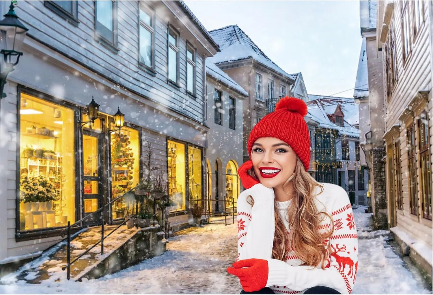 Baocicco 12x8ft Merry Christmas Backdrop Historical Town Illuminated Christmas Shop Snowing Scene European Small Town Winter Snow View Photography Background Travel Theme Christmas Party Photo Booth