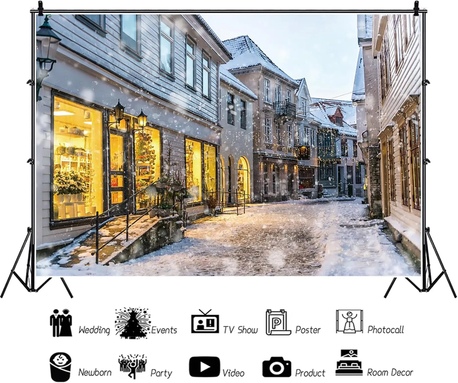 Baocicco 12x8ft Merry Christmas Backdrop Historical Town Illuminated Christmas Shop Snowing Scene European Small Town Winter Snow View Photography Background Travel Theme Christmas Party Photo Booth