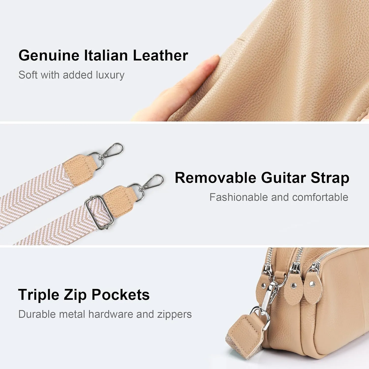 befen Small Genuine Leather Camera Crossbody Bags for Women Triple Zip Cross Body Purses Handbag with Wide Strap