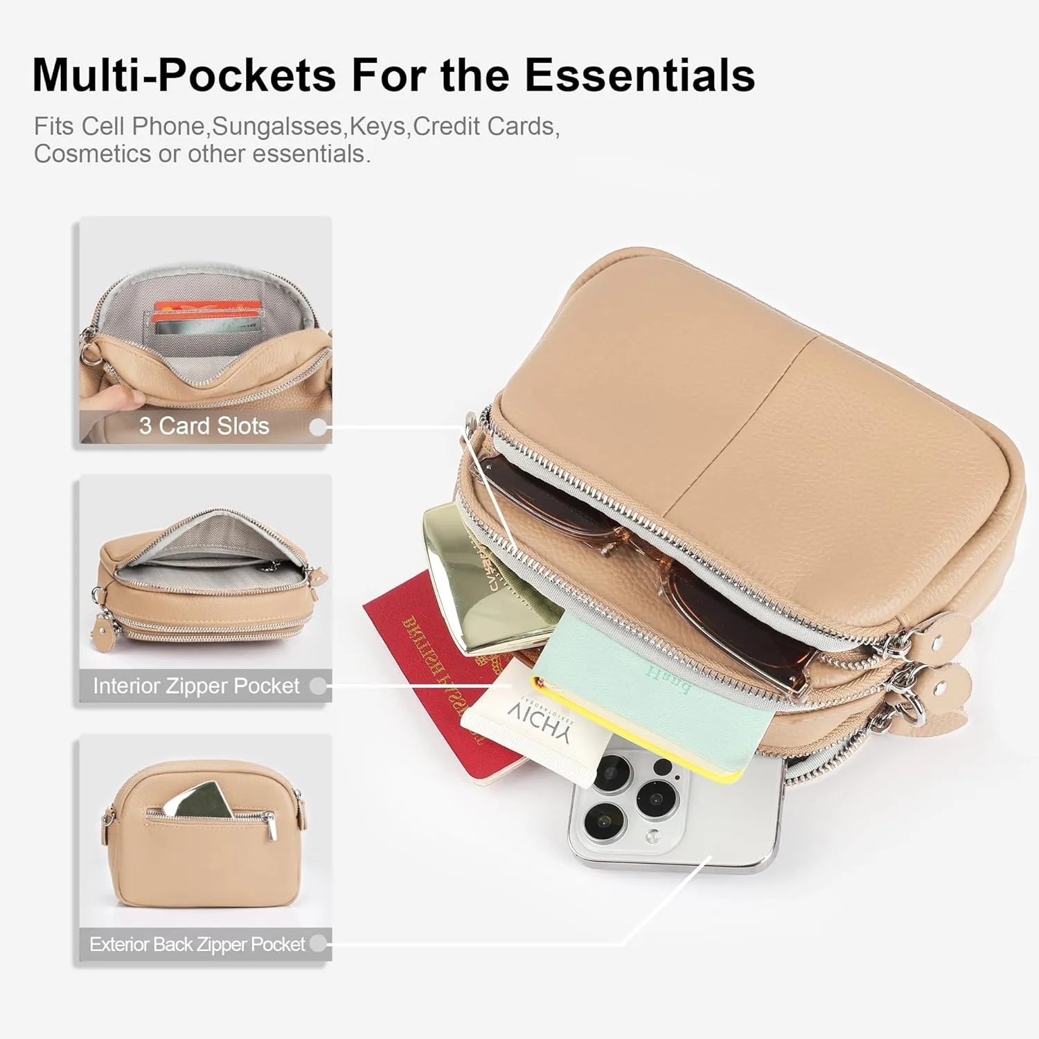 befen Small Genuine Leather Camera Crossbody Bags for Women Triple Zip Cross Body Purses Handbag with Wide Strap