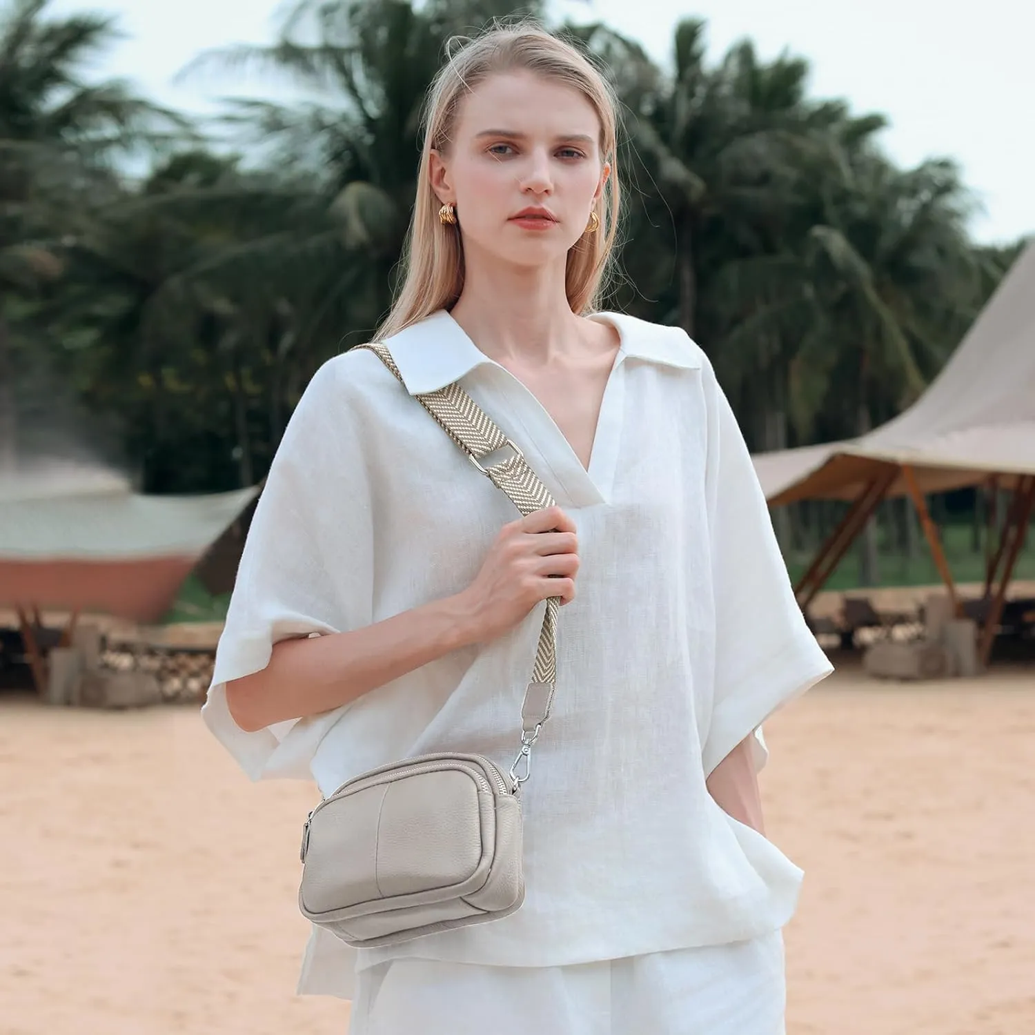 befen Small Genuine Leather Camera Crossbody Bags for Women Triple Zip Cross Body Purses Handbag with Wide Strap