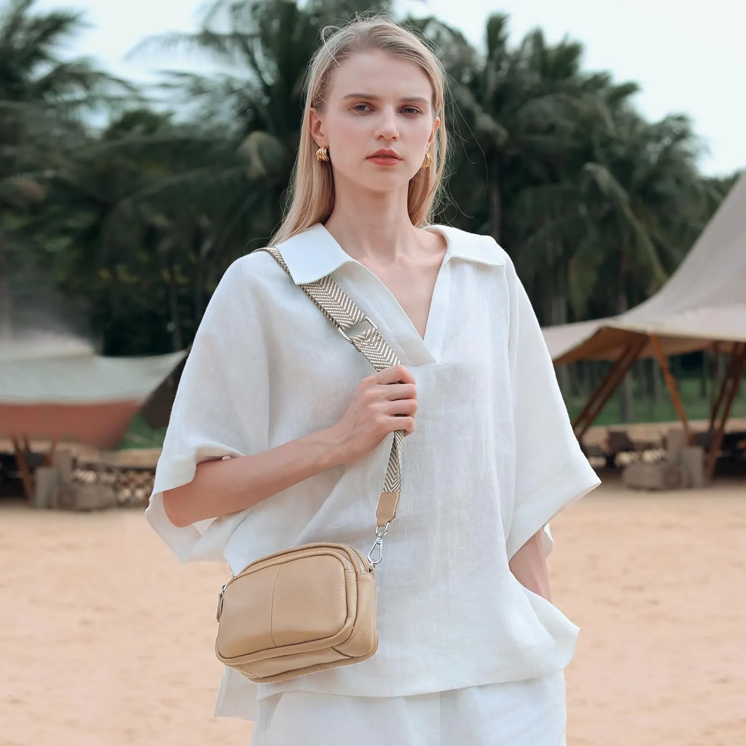 befen Small Genuine Leather Camera Crossbody Bags for Women Triple Zip Cross Body Purses Handbag with Wide Strap