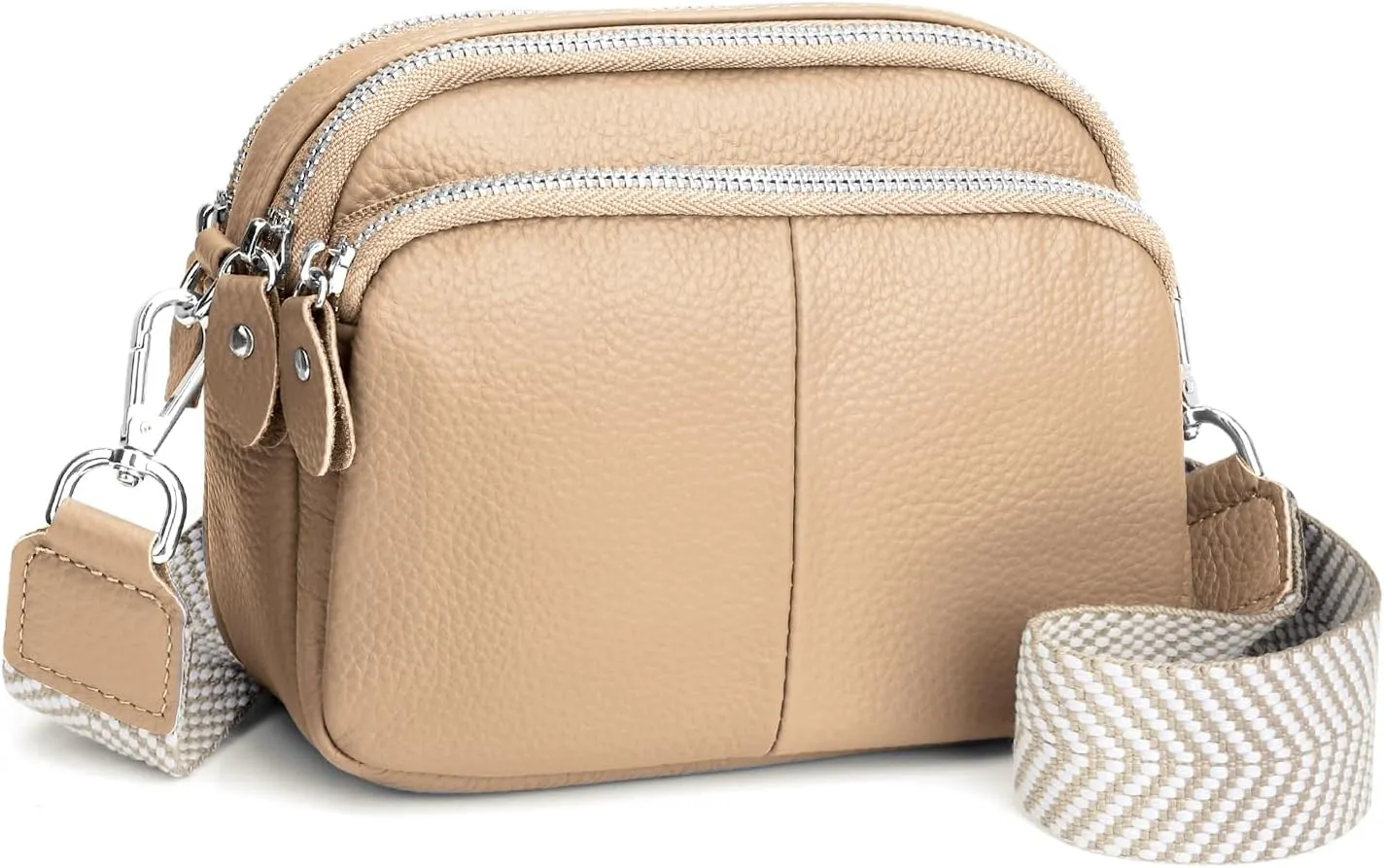 befen Small Genuine Leather Camera Crossbody Bags for Women Triple Zip Cross Body Purses Handbag with Wide Strap