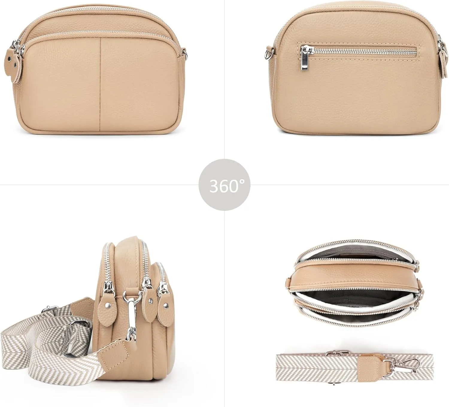 befen Small Genuine Leather Camera Crossbody Bags for Women Triple Zip Cross Body Purses Handbag with Wide Strap