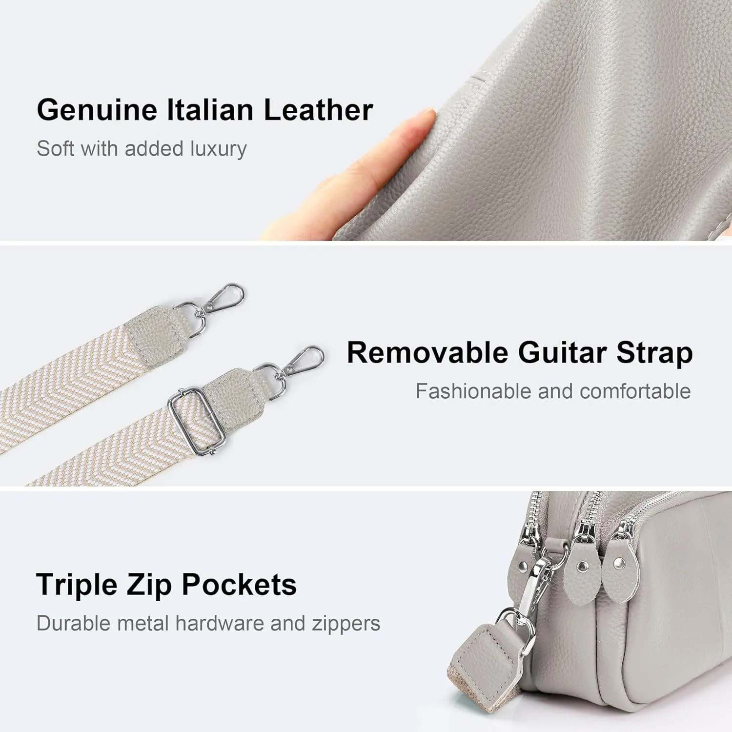 befen Small Genuine Leather Camera Crossbody Bags for Women Triple Zip Cross Body Purses Handbag with Wide Strap