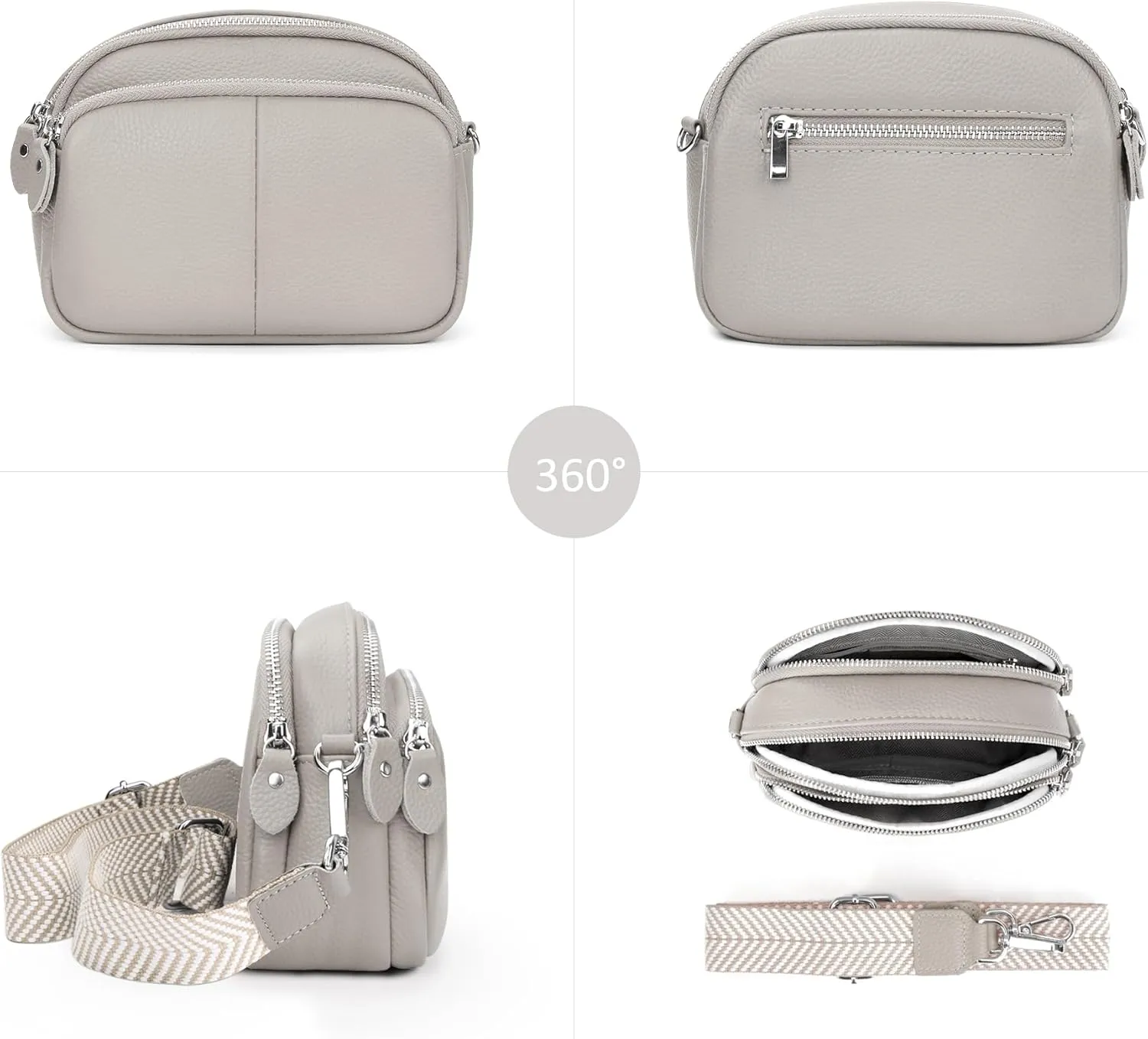 befen Small Genuine Leather Camera Crossbody Bags for Women Triple Zip Cross Body Purses Handbag with Wide Strap