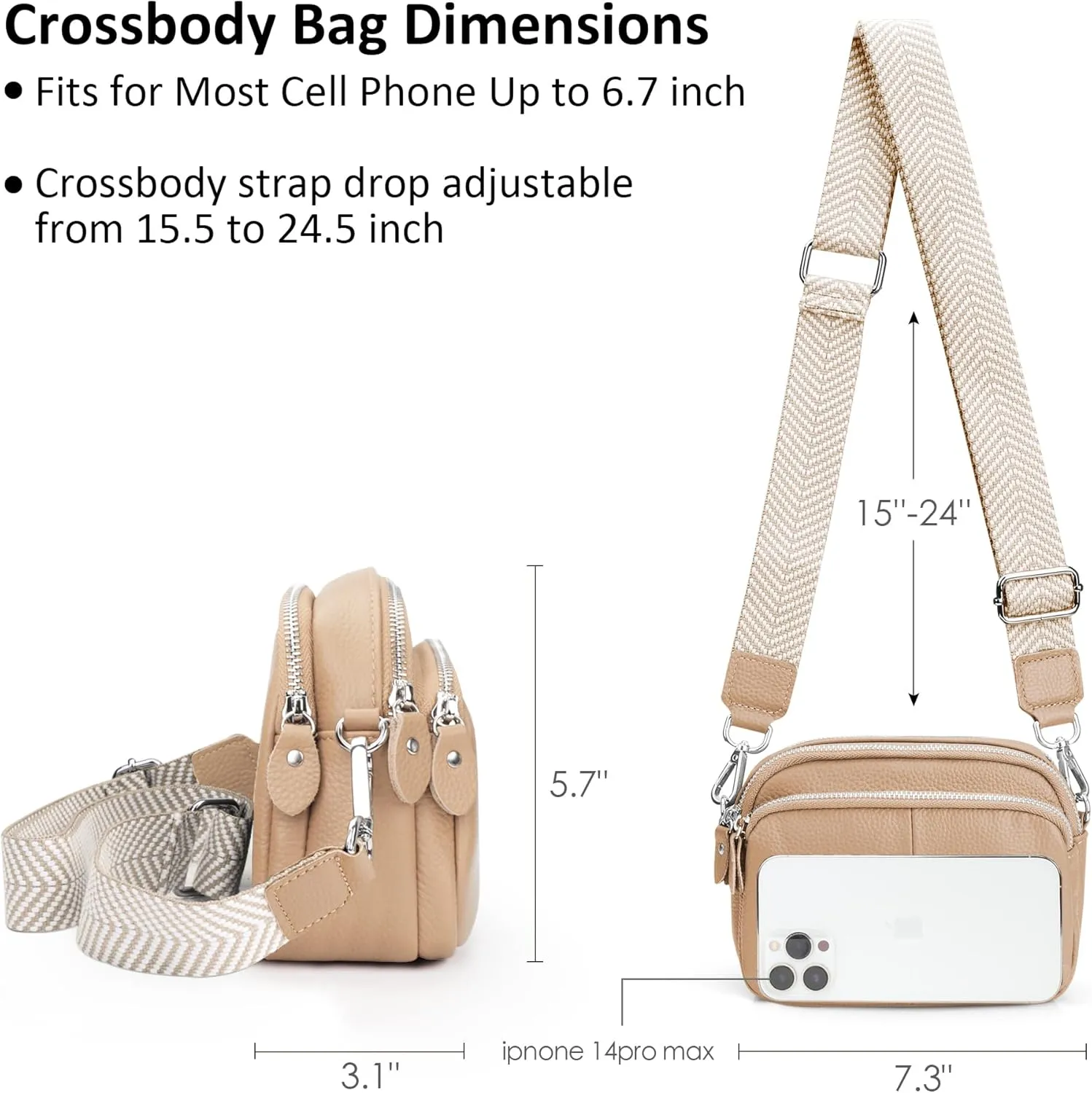 befen Small Genuine Leather Camera Crossbody Bags for Women Triple Zip Cross Body Purses Handbag with Wide Strap