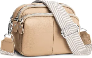 befen Small Genuine Leather Camera Crossbody Bags for Women Triple Zip Cross Body Purses Handbag with Wide Strap