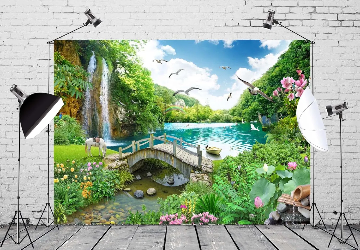 BELECO 8x6ft Fabric Picturesque Garden Backdrop Tropical Landscape Green Mountain Forest Trees Waterfall Lake Flowers Birds Horse River Bridge Fantasy Wonderland Background Wall Mural Photoshoot Props