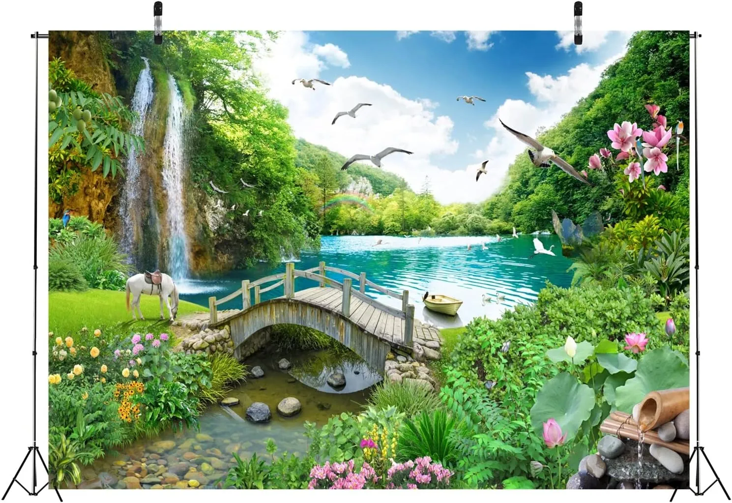 BELECO 8x6ft Fabric Picturesque Garden Backdrop Tropical Landscape Green Mountain Forest Trees Waterfall Lake Flowers Birds Horse River Bridge Fantasy Wonderland Background Wall Mural Photoshoot Props
