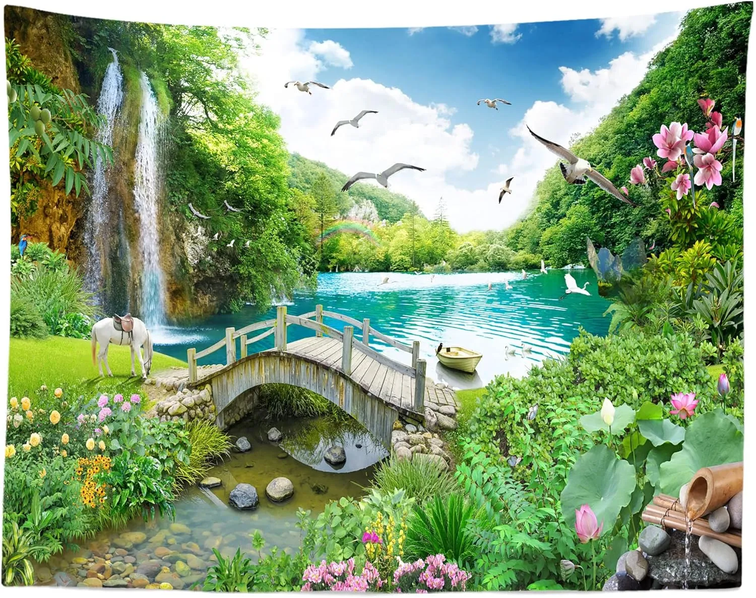 BELECO 8x6ft Fabric Picturesque Garden Backdrop Tropical Landscape Green Mountain Forest Trees Waterfall Lake Flowers Birds Horse River Bridge Fantasy Wonderland Background Wall Mural Photoshoot Props