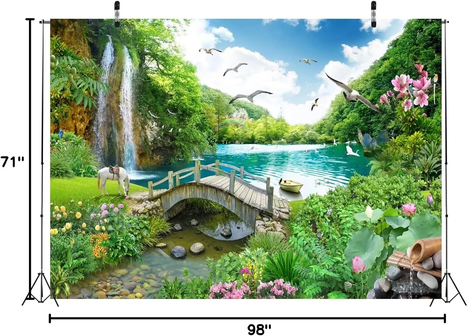 BELECO 8x6ft Fabric Picturesque Garden Backdrop Tropical Landscape Green Mountain Forest Trees Waterfall Lake Flowers Birds Horse River Bridge Fantasy Wonderland Background Wall Mural Photoshoot Props