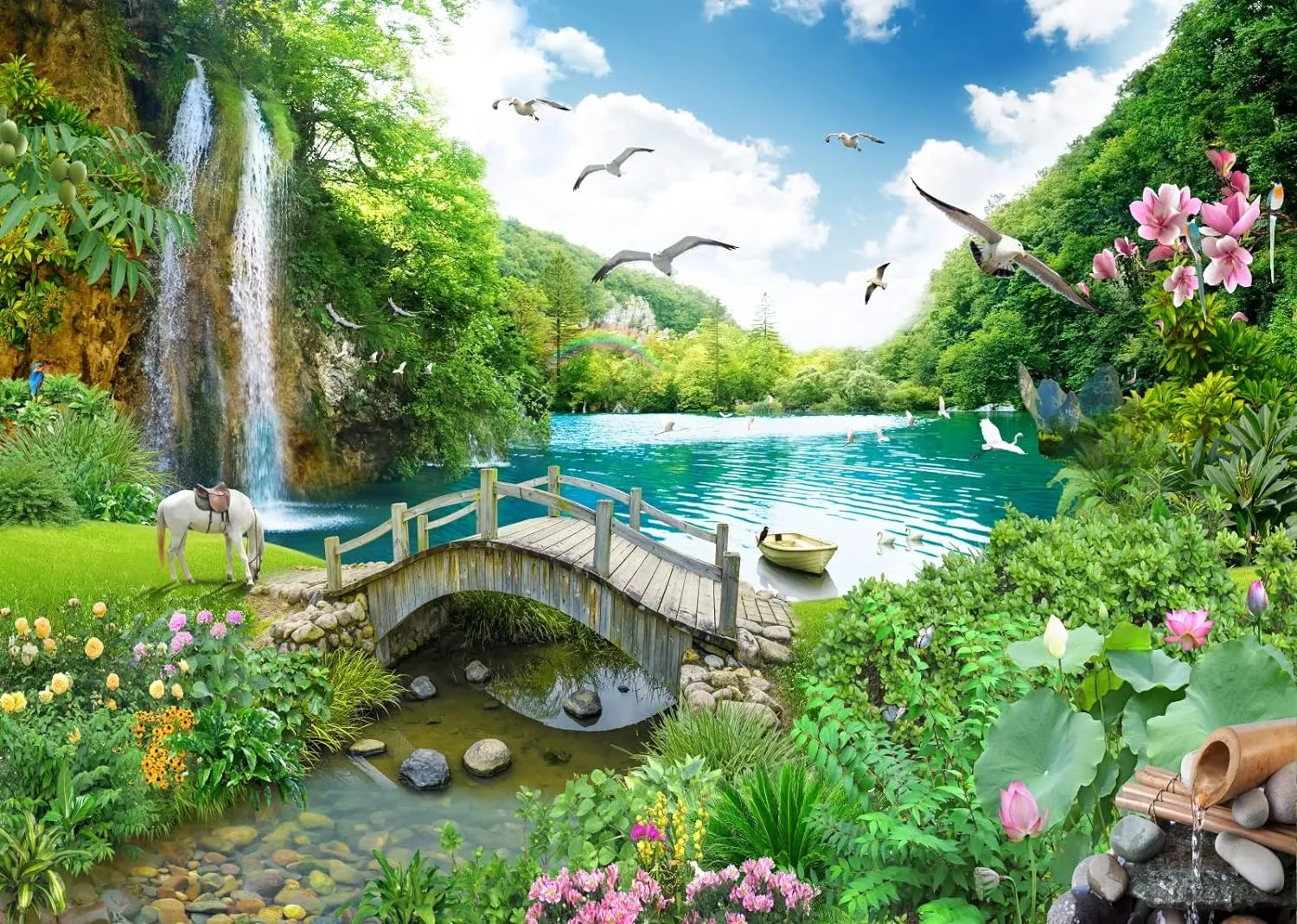 BELECO 8x6ft Fabric Picturesque Garden Backdrop Tropical Landscape Green Mountain Forest Trees Waterfall Lake Flowers Birds Horse River Bridge Fantasy Wonderland Background Wall Mural Photoshoot Props