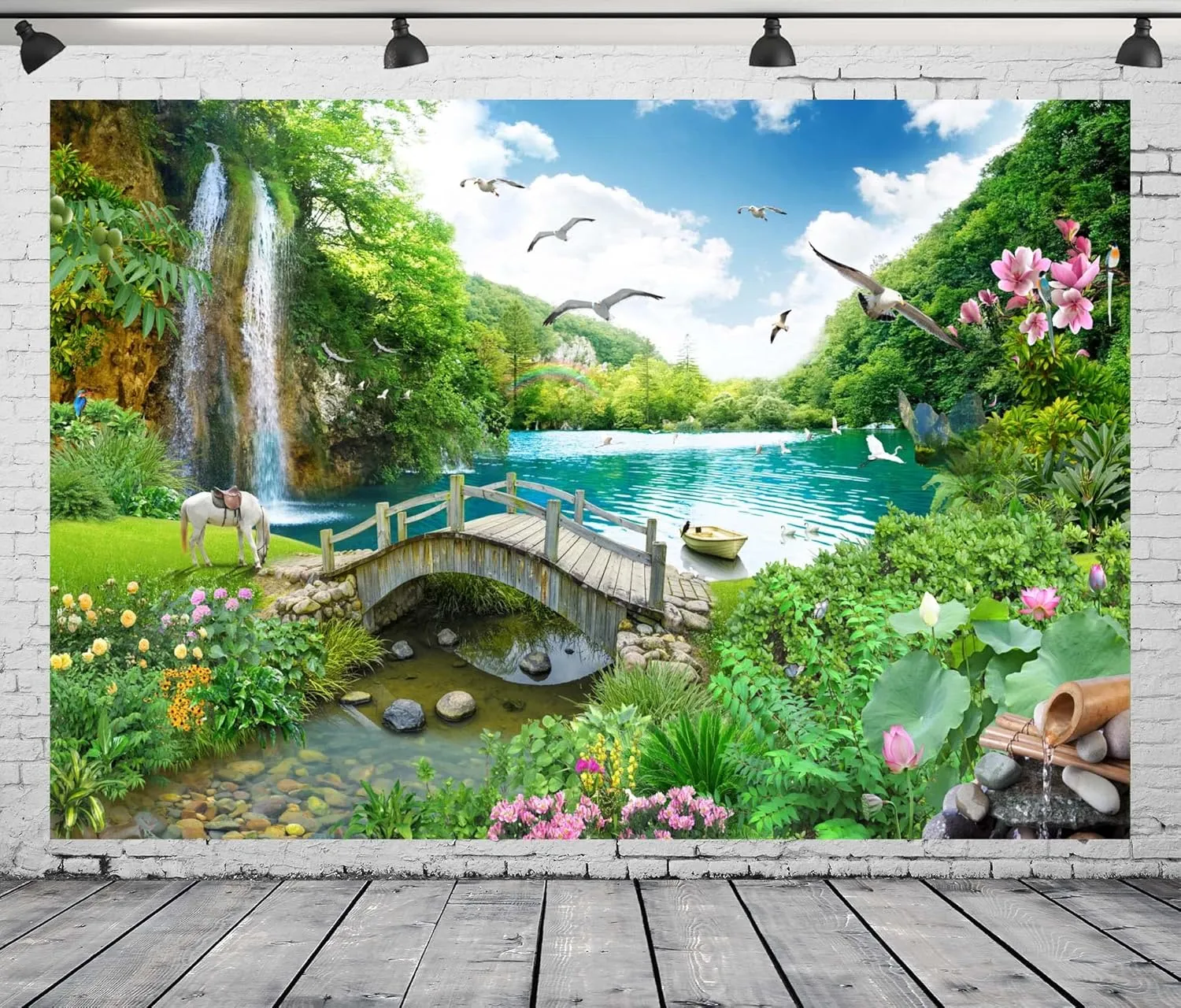 BELECO 8x6ft Fabric Picturesque Garden Backdrop Tropical Landscape Green Mountain Forest Trees Waterfall Lake Flowers Birds Horse River Bridge Fantasy Wonderland Background Wall Mural Photoshoot Props
