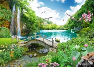 BELECO 8x6ft Fabric Picturesque Garden Backdrop Tropical Landscape Green Mountain Forest Trees Waterfall Lake Flowers Birds Horse River Bridge Fantasy Wonderland Background Wall Mural Photoshoot Props