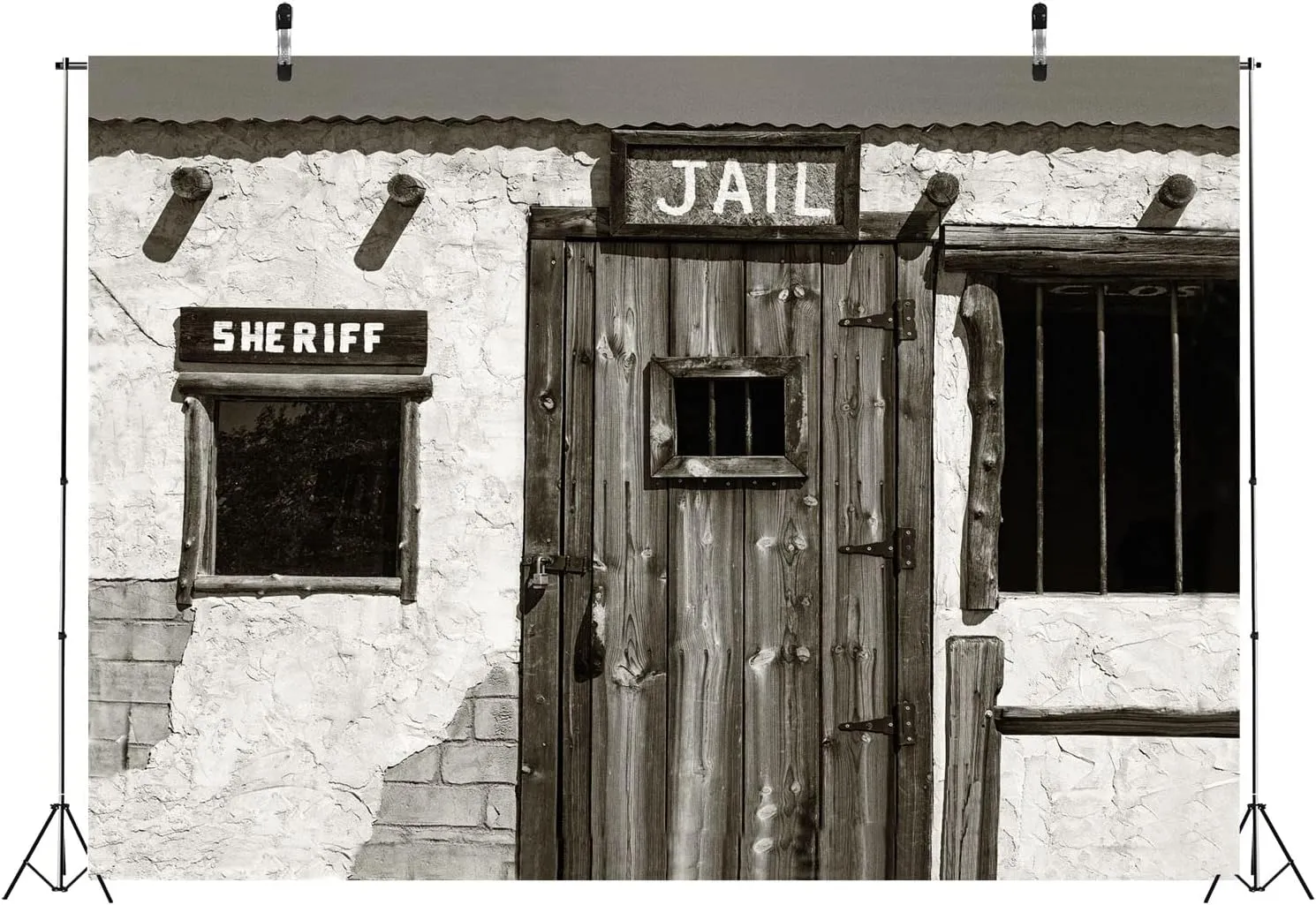 BELECO Fabric 8x6ft Western Jail and Sheriff's Office Backdrop Old West Ghost Town Prison Sheriff Window Police Jail Background Wild West Theme Halloween Jail Party Decorations Portrait Photo Props