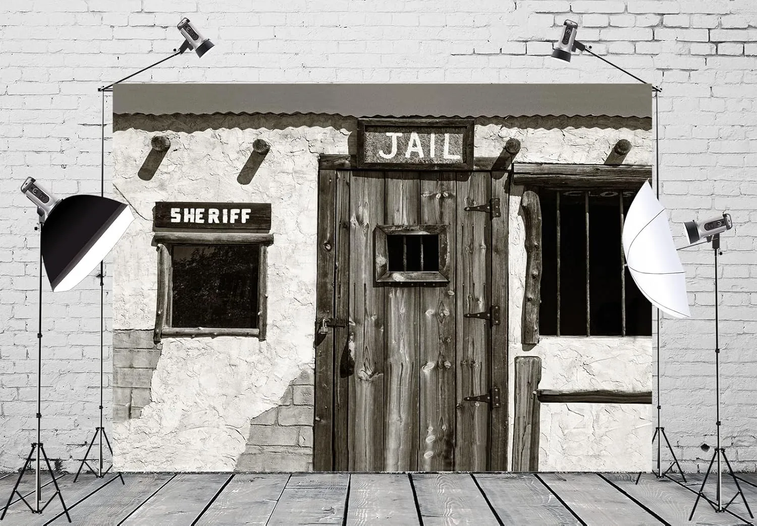 BELECO Fabric 8x6ft Western Jail and Sheriff's Office Backdrop Old West Ghost Town Prison Sheriff Window Police Jail Background Wild West Theme Halloween Jail Party Decorations Portrait Photo Props