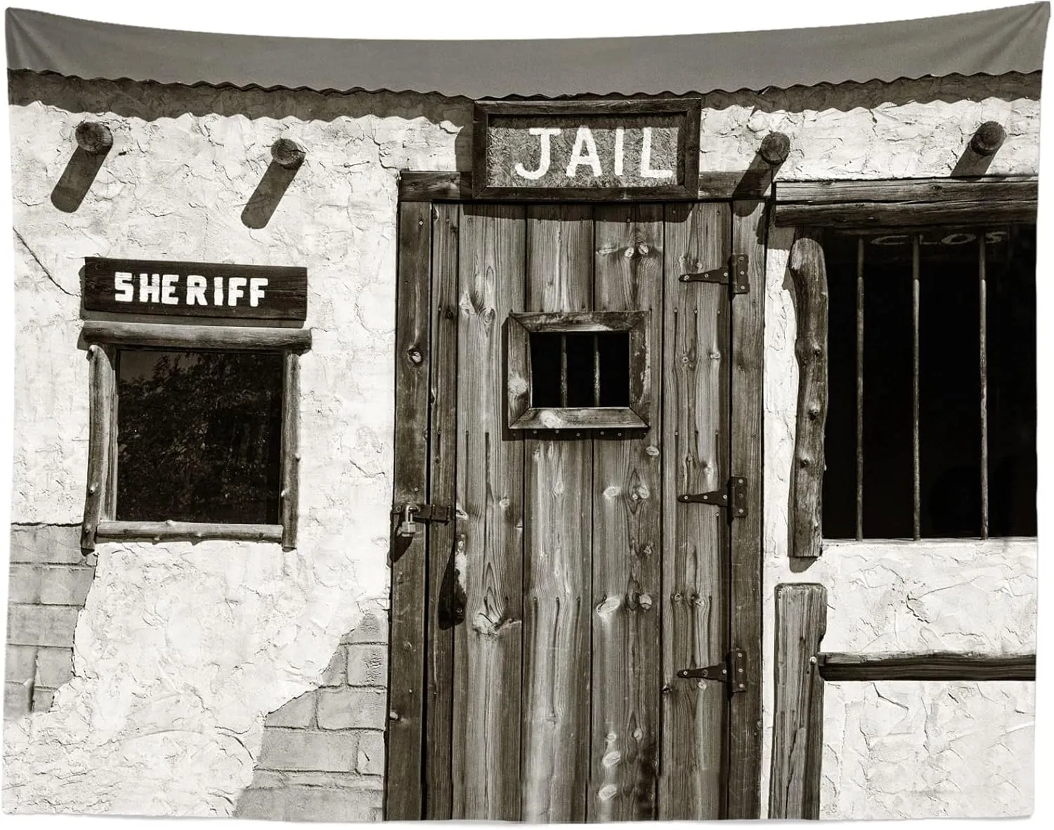 BELECO Fabric 8x6ft Western Jail and Sheriff's Office Backdrop Old West Ghost Town Prison Sheriff Window Police Jail Background Wild West Theme Halloween Jail Party Decorations Portrait Photo Props