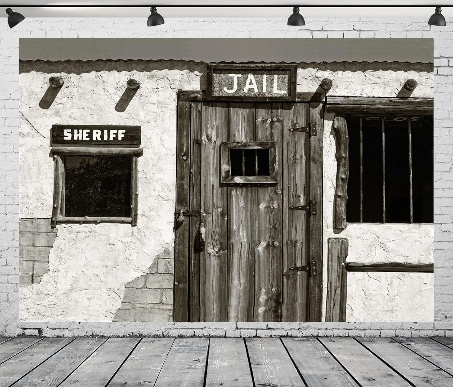 BELECO Fabric 8x6ft Western Jail and Sheriff's Office Backdrop Old West Ghost Town Prison Sheriff Window Police Jail Background Wild West Theme Halloween Jail Party Decorations Portrait Photo Props