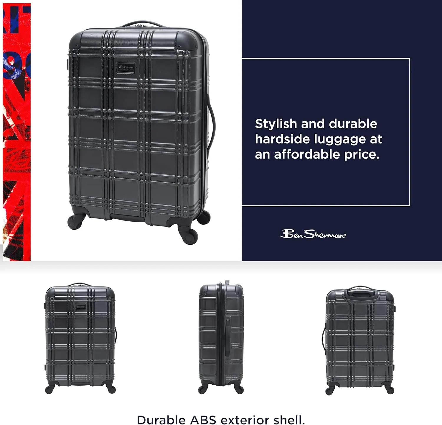 Ben Sherman Nottingham Lightweight Hardside 4-Wheel Spinner Travel Luggage, Charcoal, 24-Inch Checked