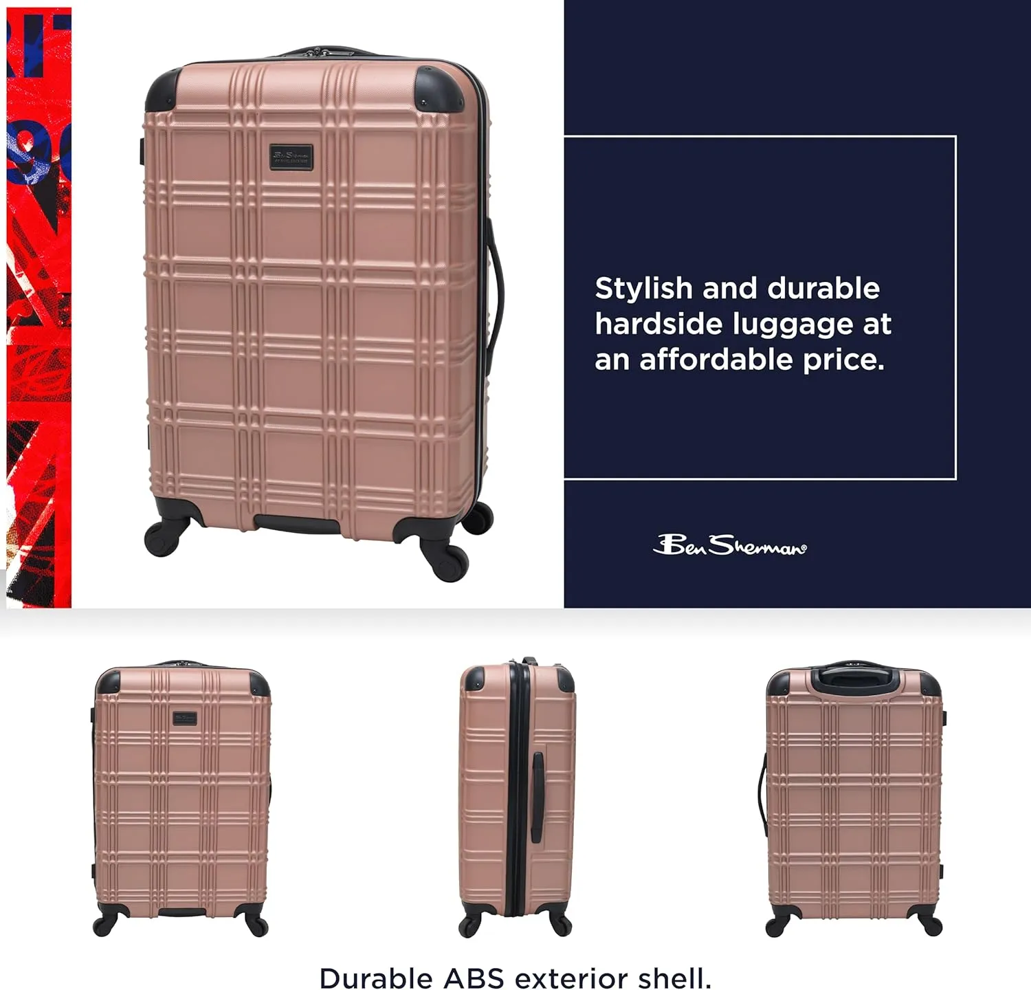 Ben Sherman Nottingham Lightweight Hardside 4-Wheel Spinner Travel Luggage, Rose Gold, 24-Inch Checked