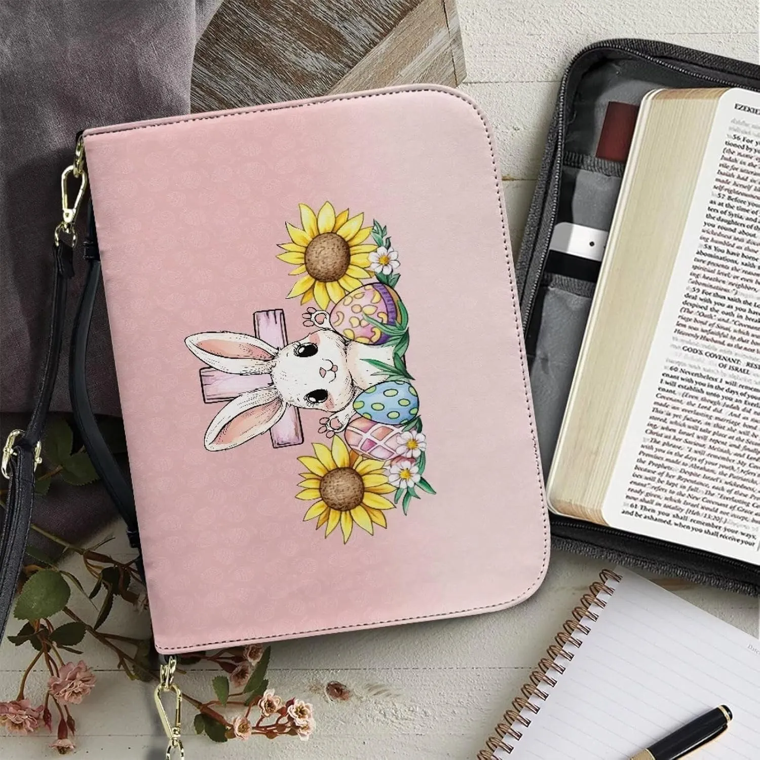 Bible Cover Case for Women, PU Bible Bag with Shoulder Strap Carrying Handle and Zippered Pocket