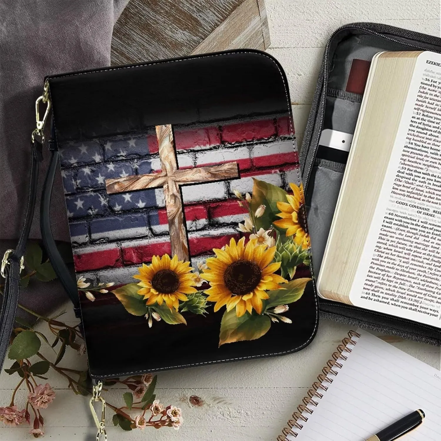 Bible Cover Case for Women, PU Bible Bag with Shoulder Strap Carrying Handle and Zippered Pocket