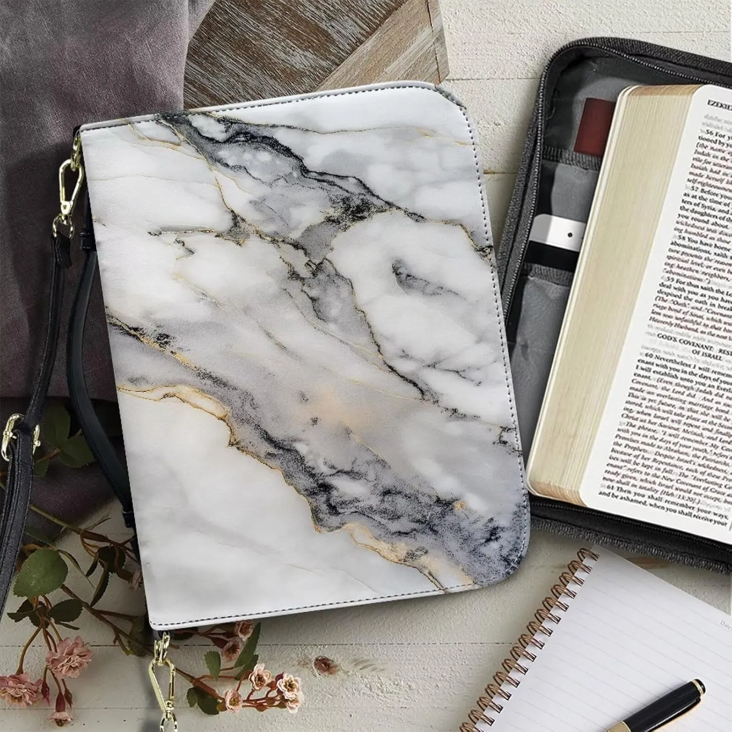 Bible Cover Case for Women, PU Bible Bag with Shoulder Strap Carrying Handle and Zippered Pocket