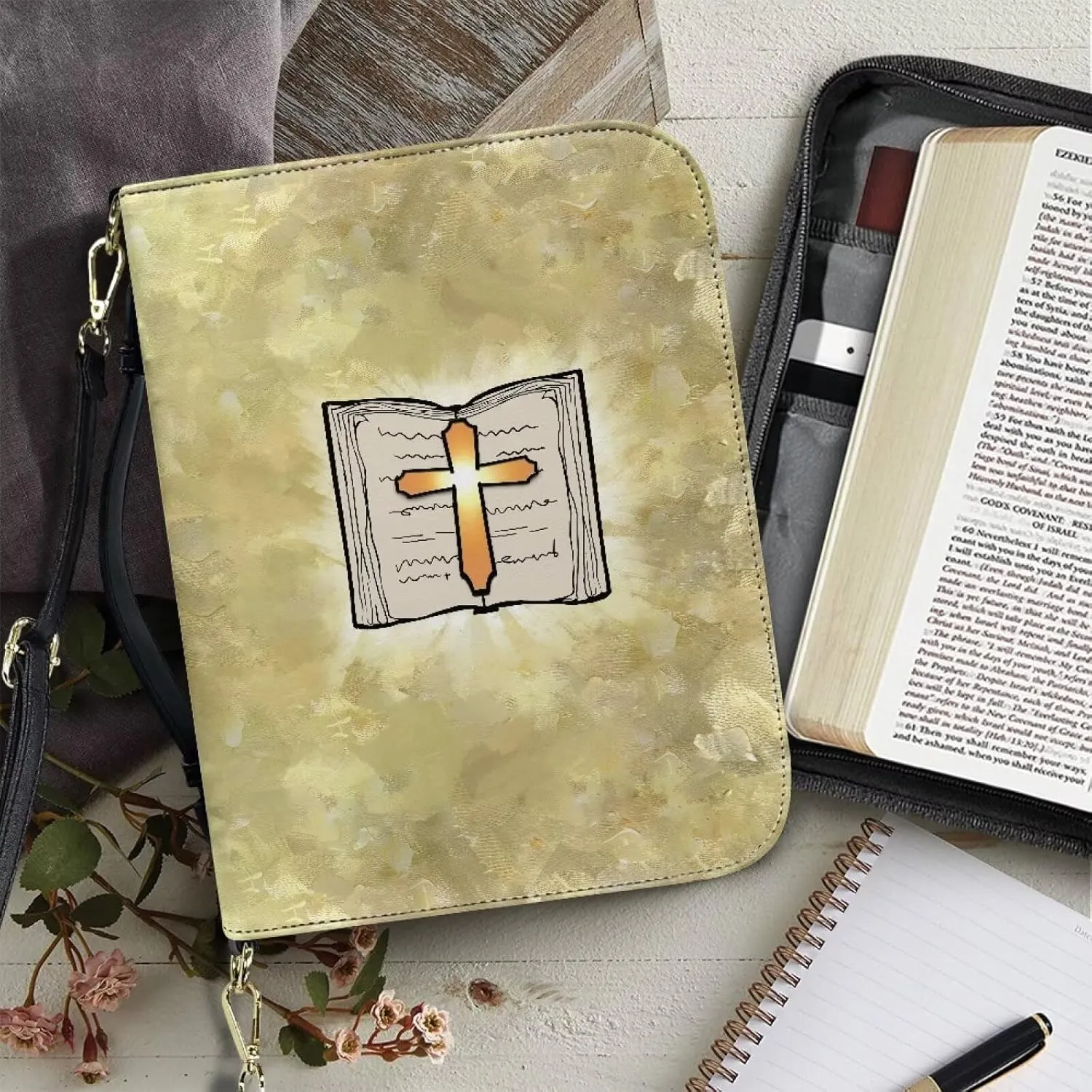 Bible Cover Case for Women, PU Bible Bag with Shoulder Strap Carrying Handle and Zippered Pocket