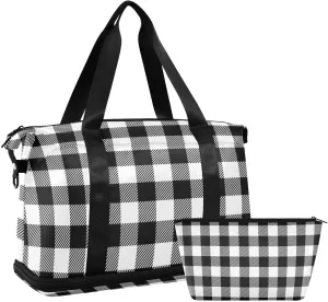 Black and White Buffalo Plaid Versatile Sports Travel Bag - Lasting Twill Tote, Removable Wheel & Rod Bagging, Multi-pocket Design, Complimentary Makeup Bag